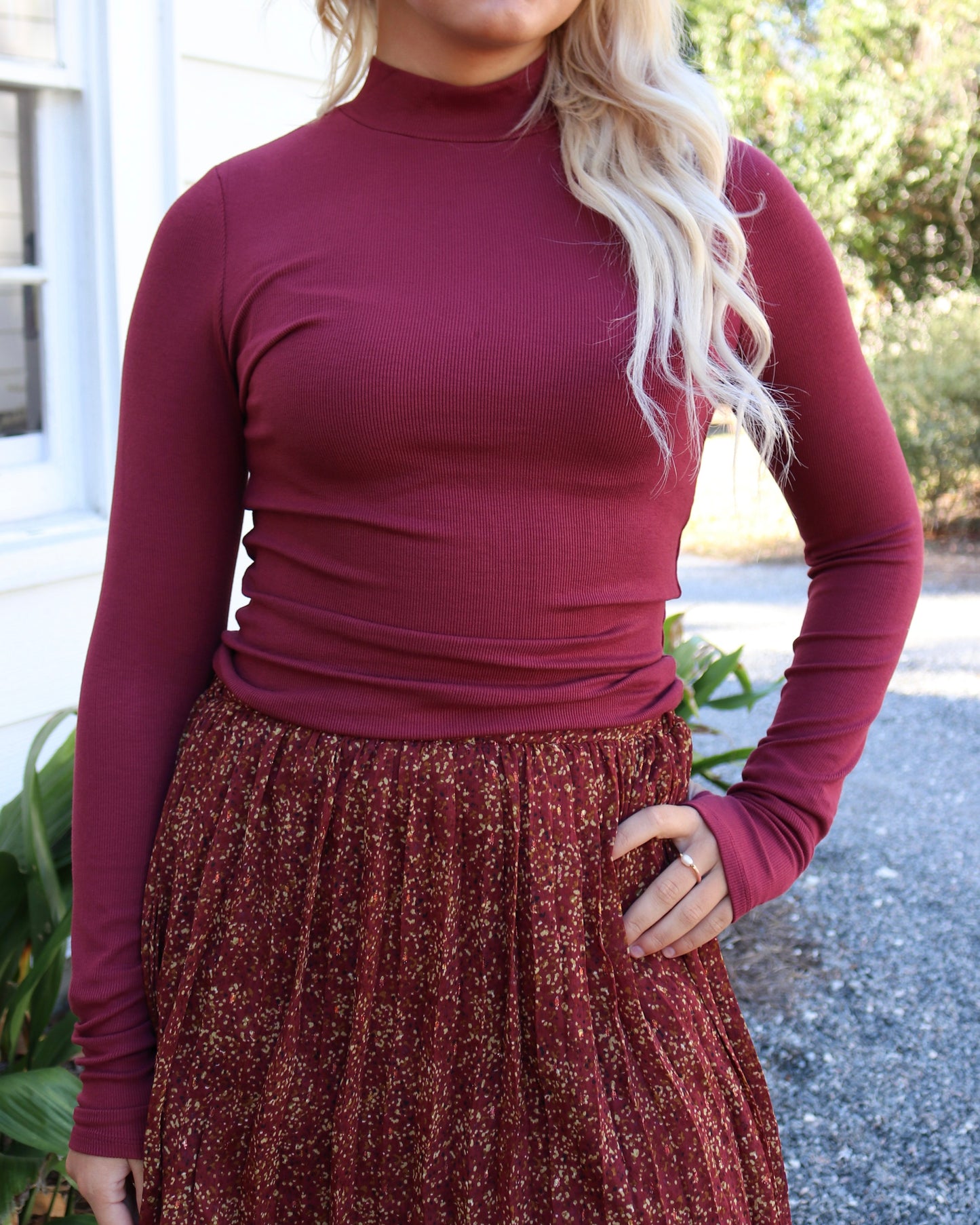 Burgundy Mock Neck Long-Sleeve Top with Thumbholes