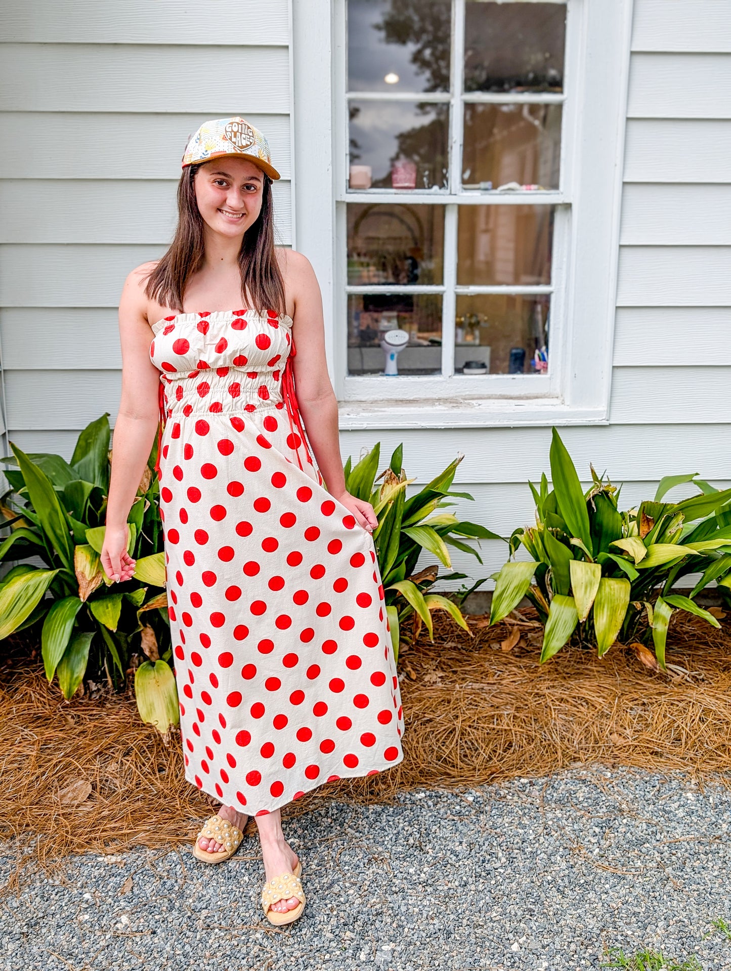 Poppy Red Polka Dot Strapless Dress