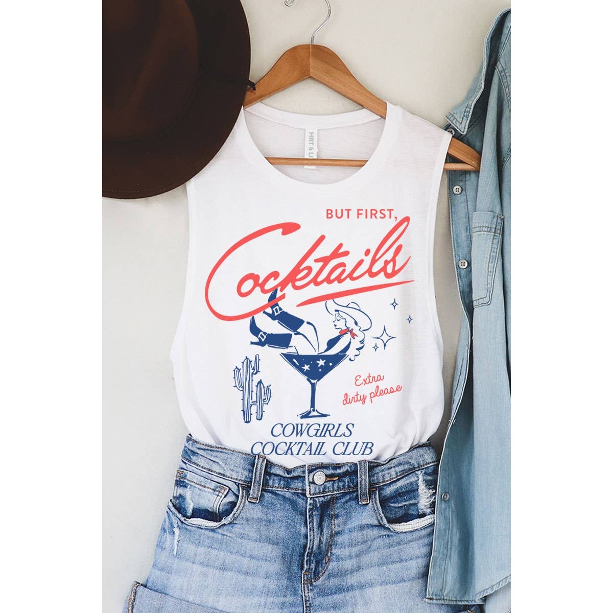 *FINAL SALE*“But First Cocktails” Mineral Graphic Tank Top