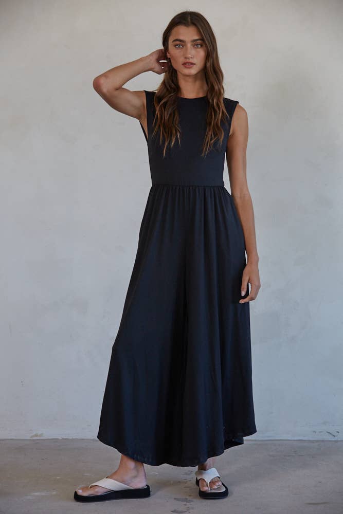 Knit Polyester Spandex Open Back Wide Leg Jumpsuit