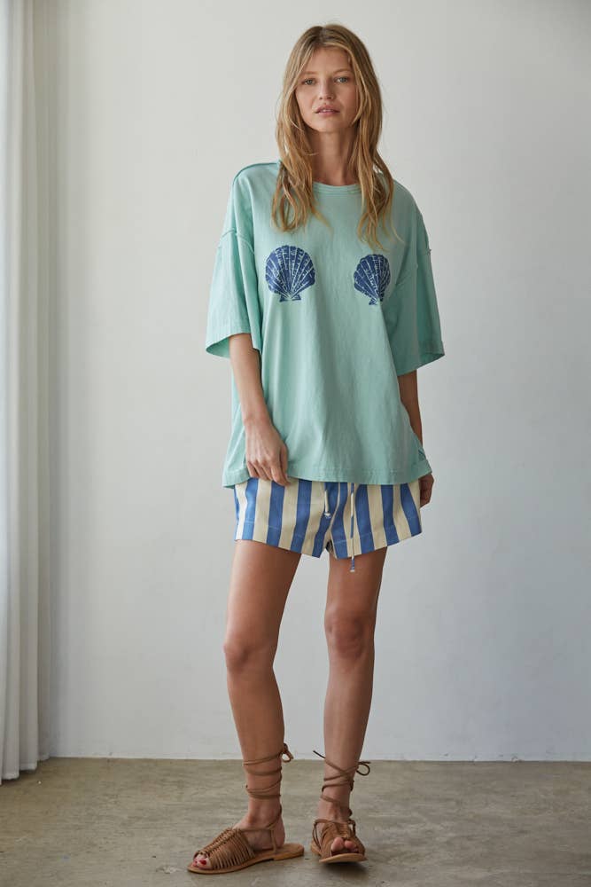 Knit Cotton Graphic Shell Print Crew Oversized Top