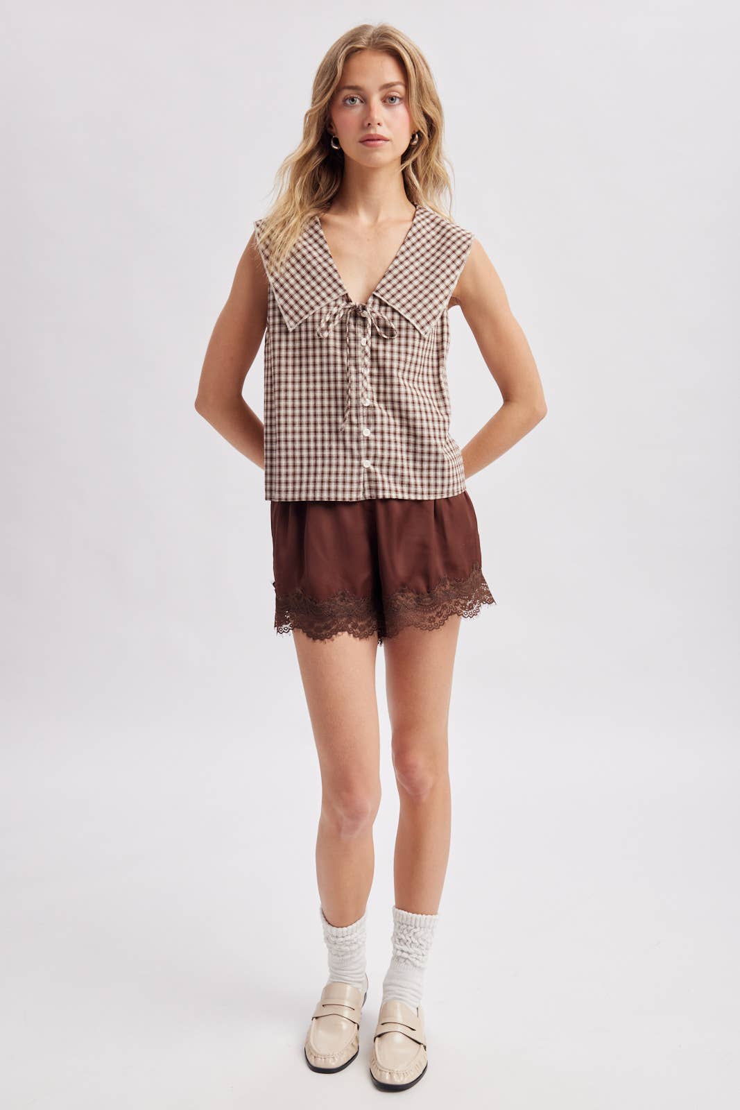 Scallop Lace Trim Satin Shorts