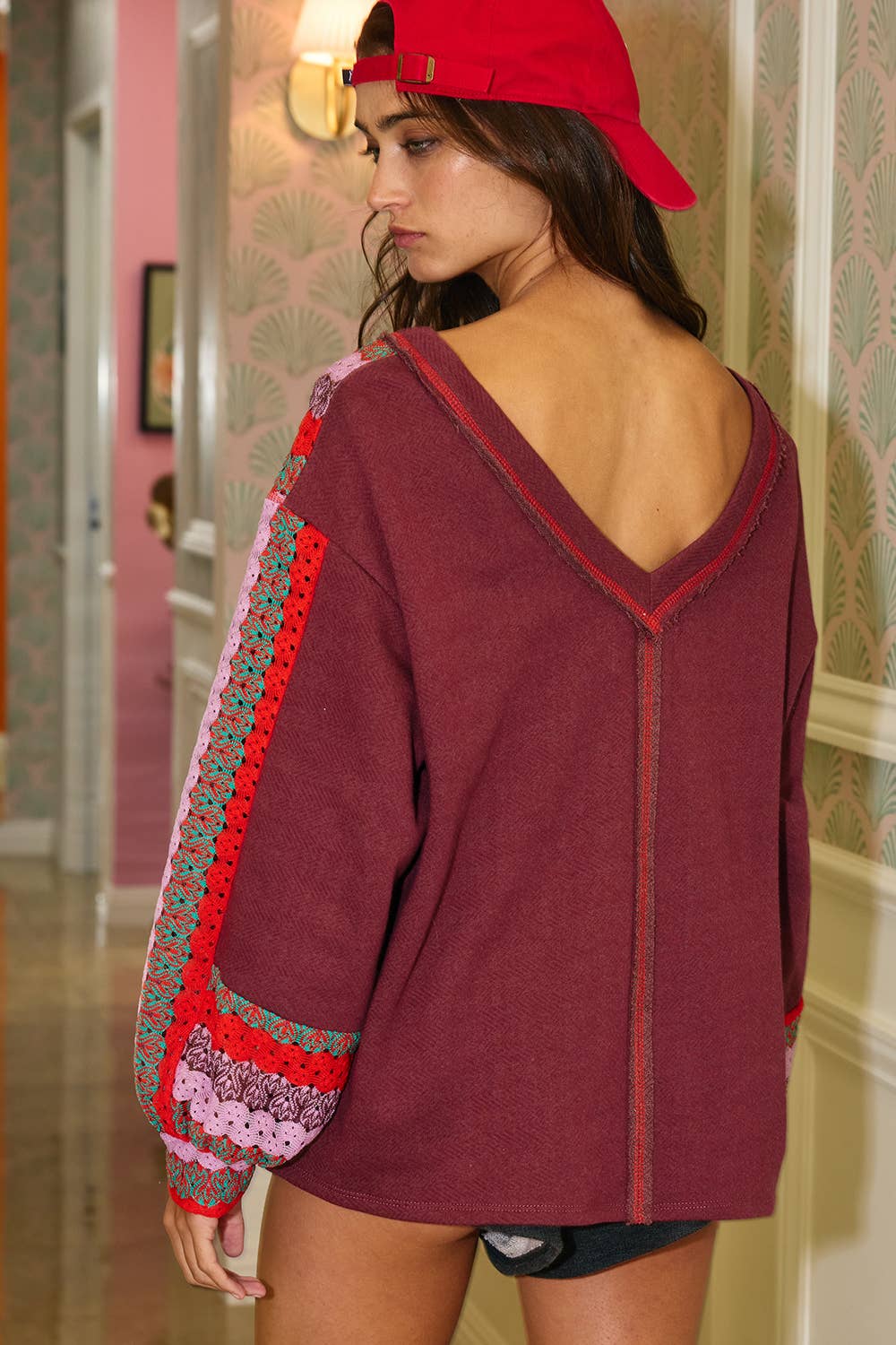 Crochet Lace Contrast Details V-neck Terry Top