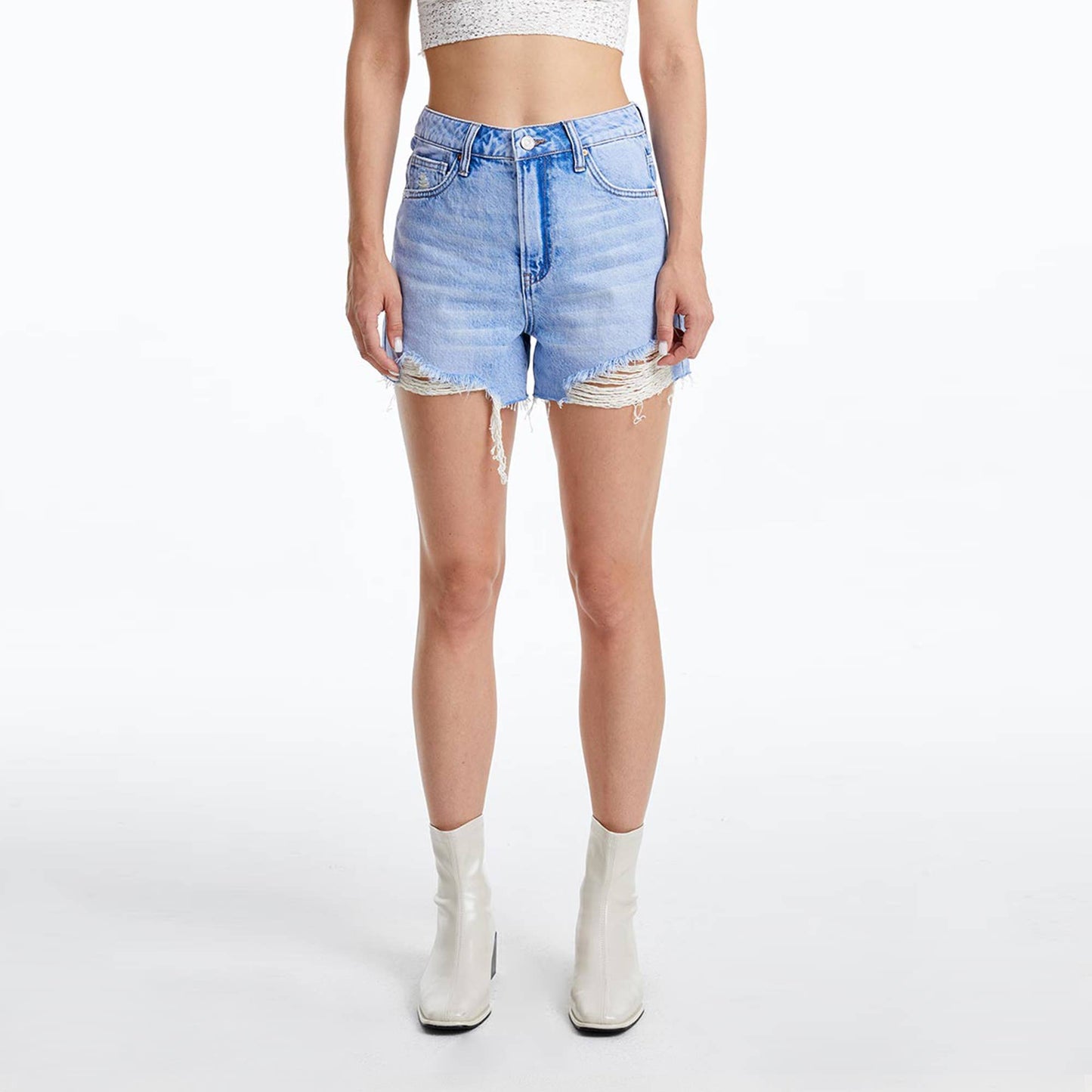 High Rise Denim Shorts With Raw Hem