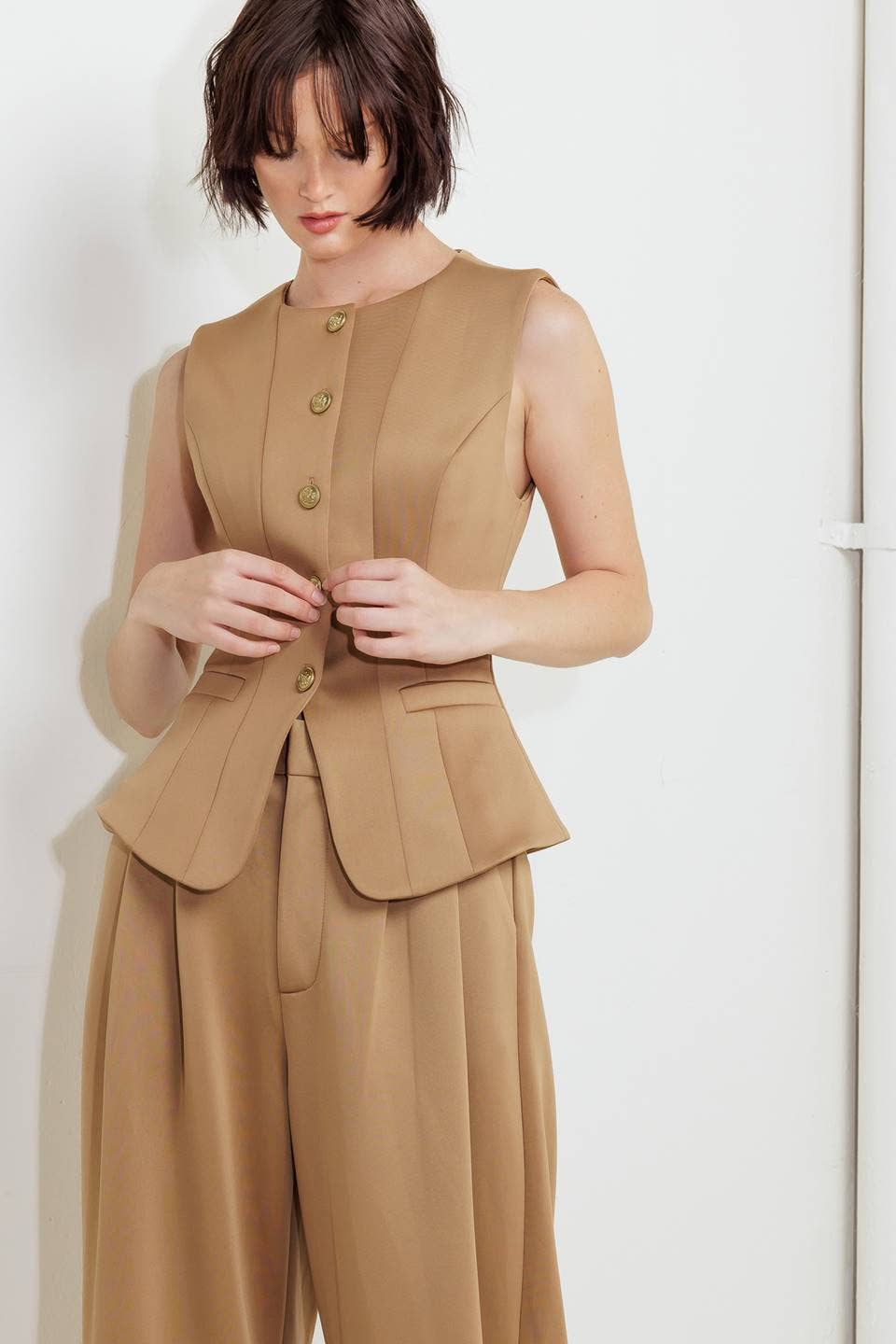 Solid Princess Seam Camel Fitted Vest