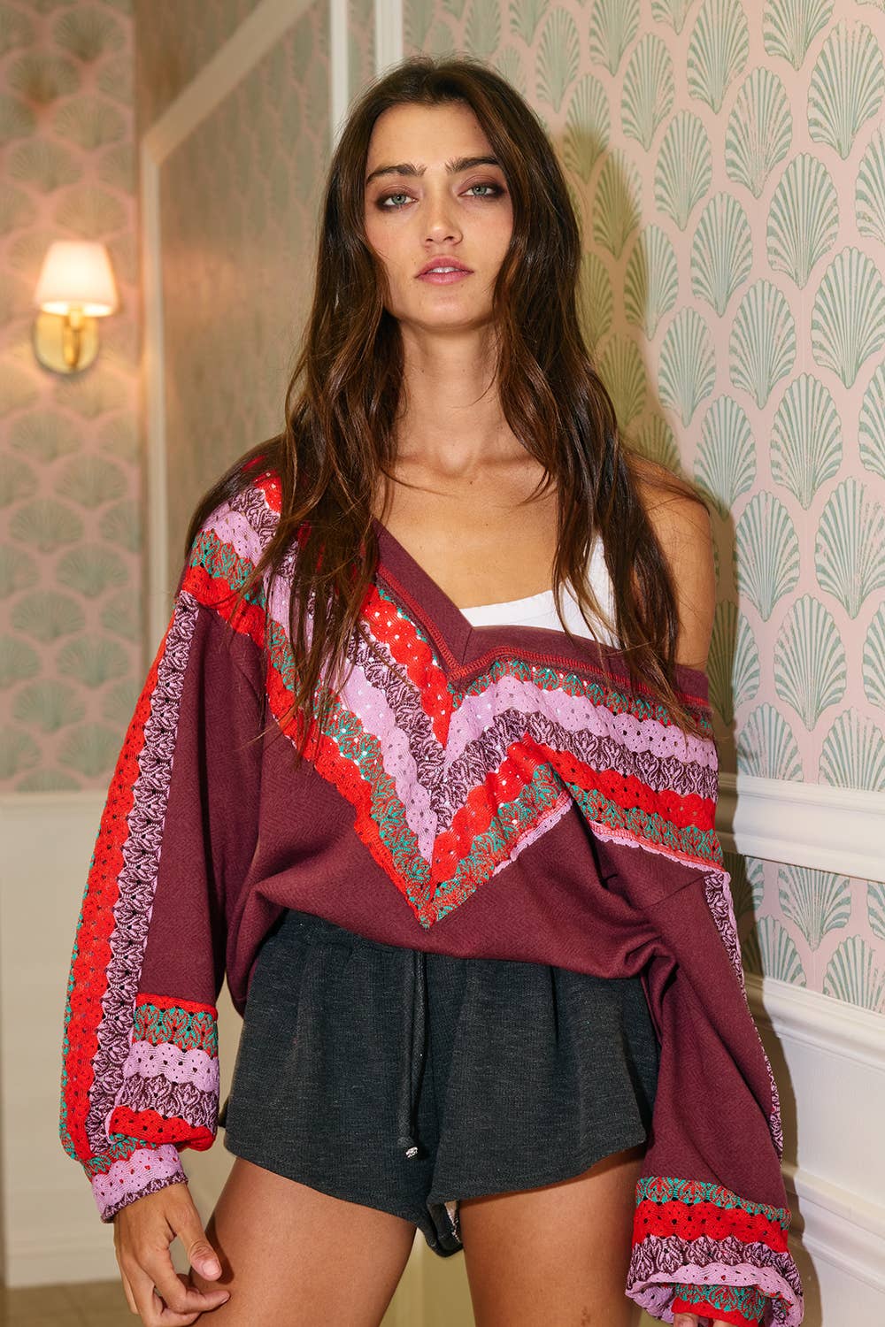 Crochet Lace Contrast Details V-neck Terry Top