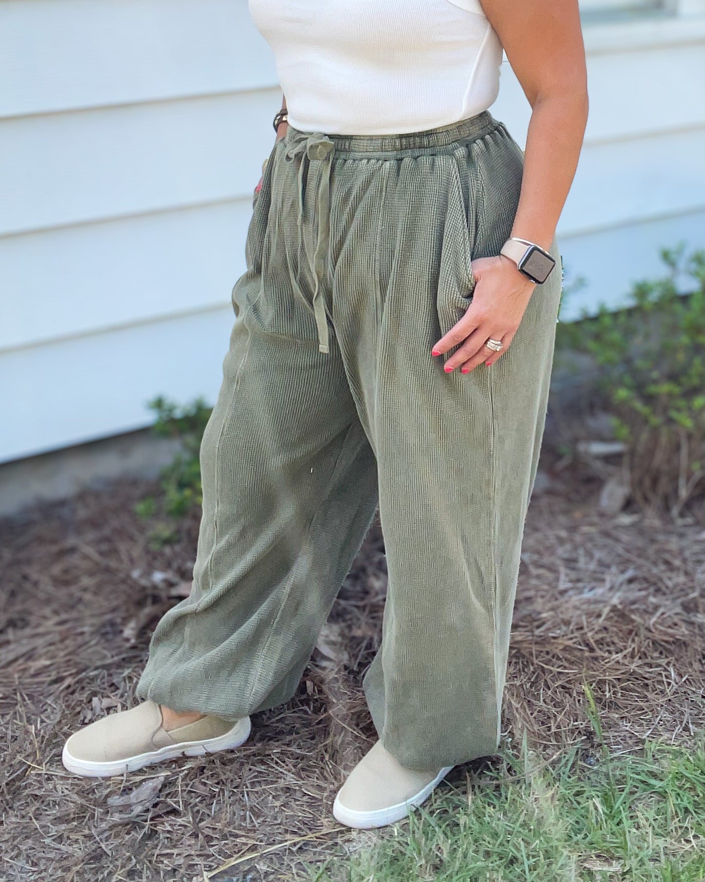 Olive Washed Waffle Knit Joggers