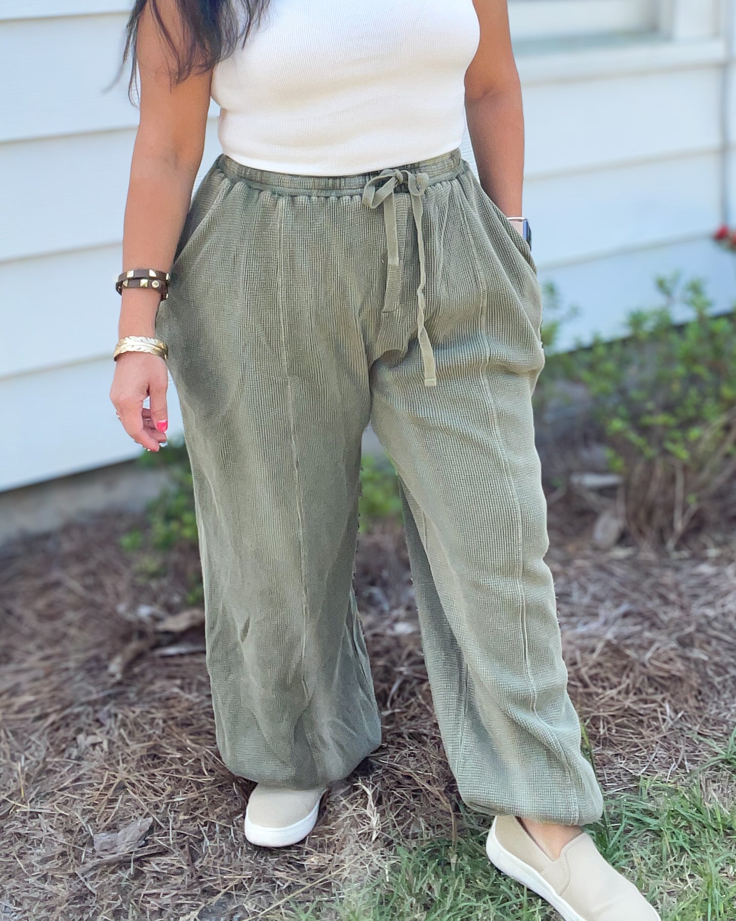 Olive Washed Waffle Knit Joggers