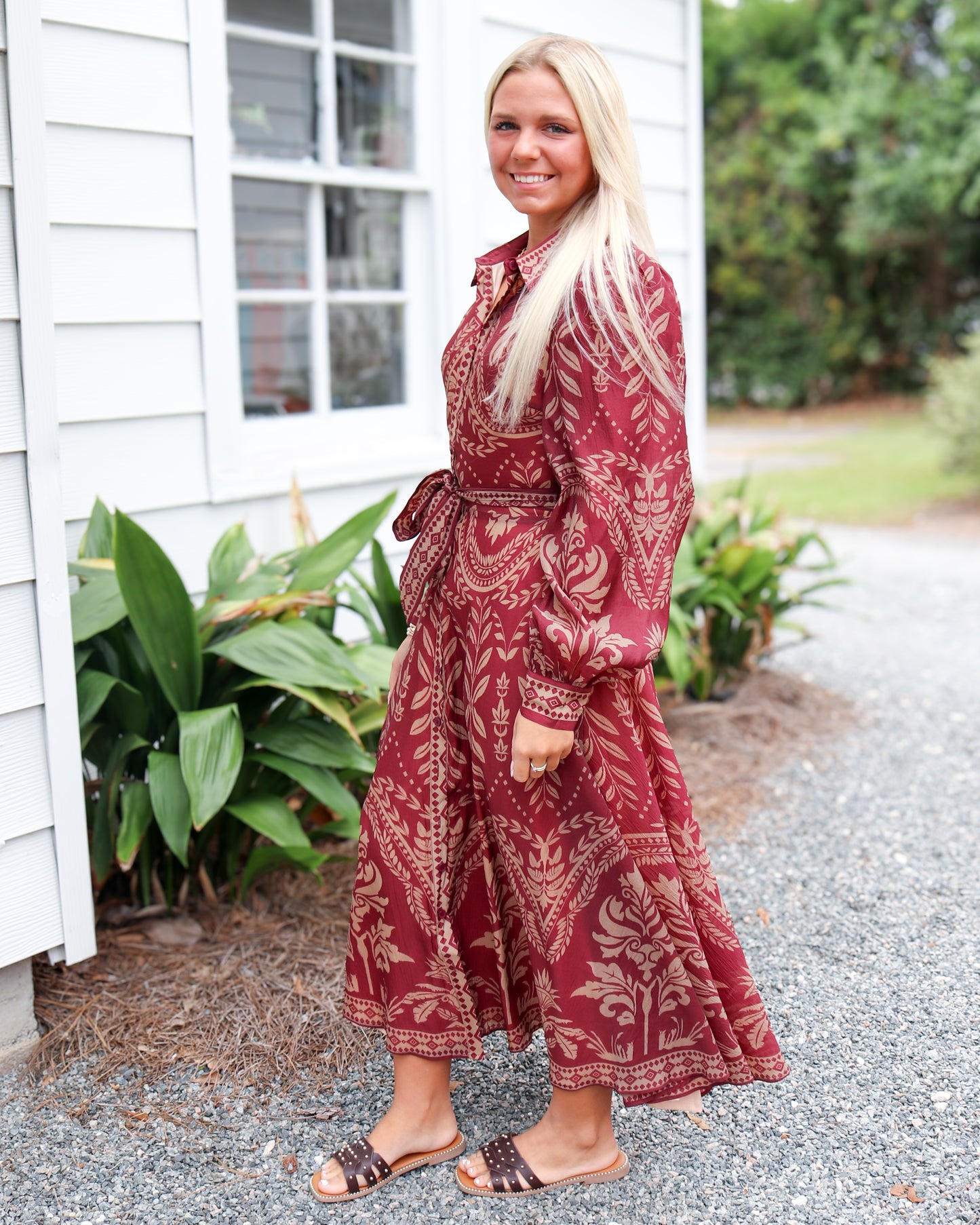 Burgundy Woven Midi Dress
