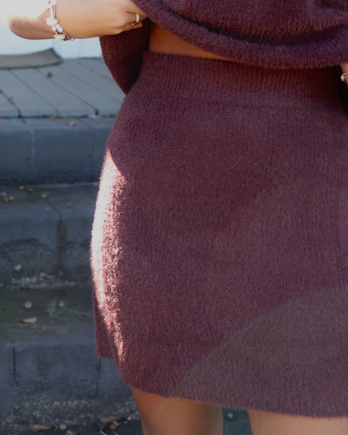 Burgundy Fuzzy Sweater Mini Skirt