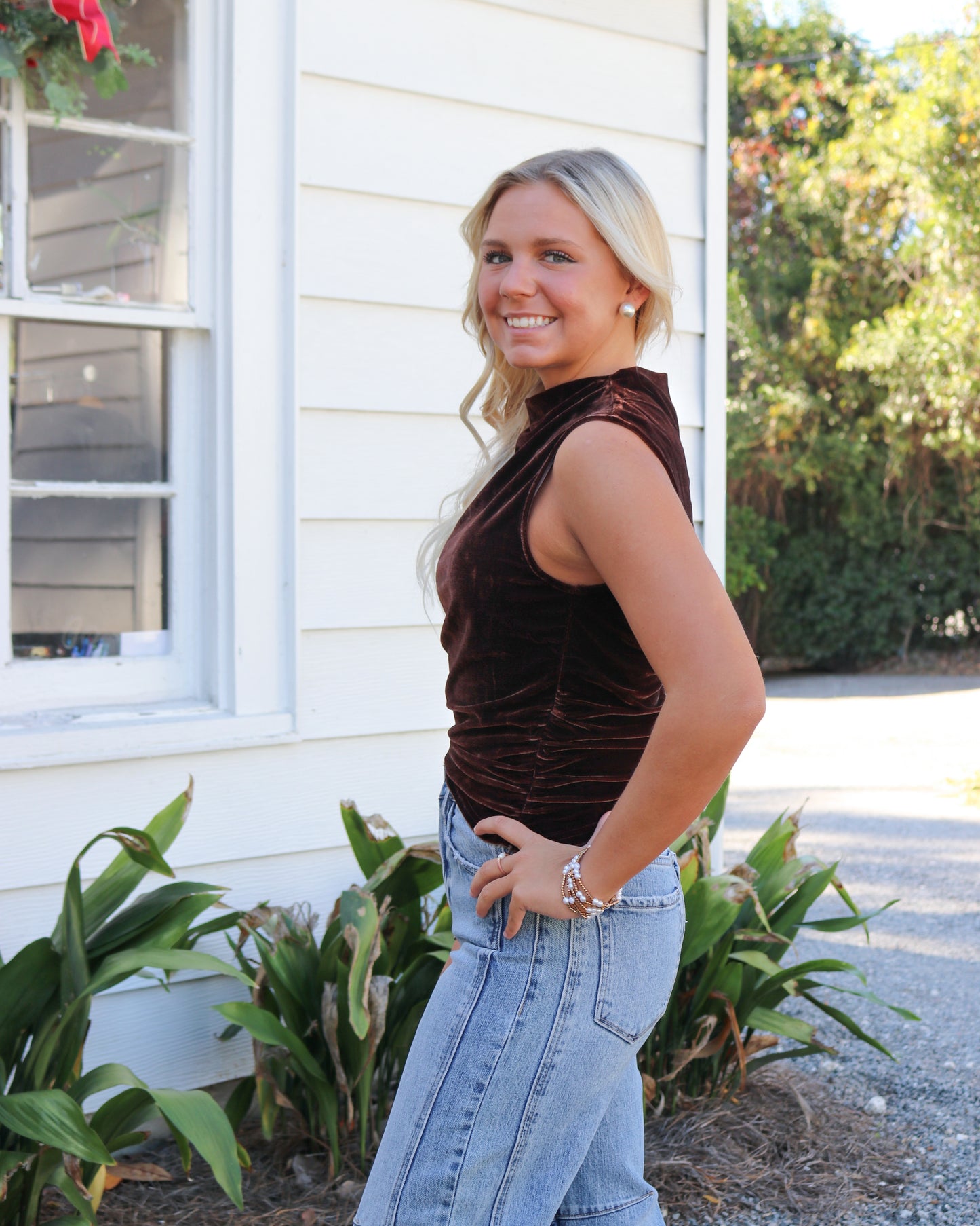 Ruched Velvet High-Neckline Top in Brown