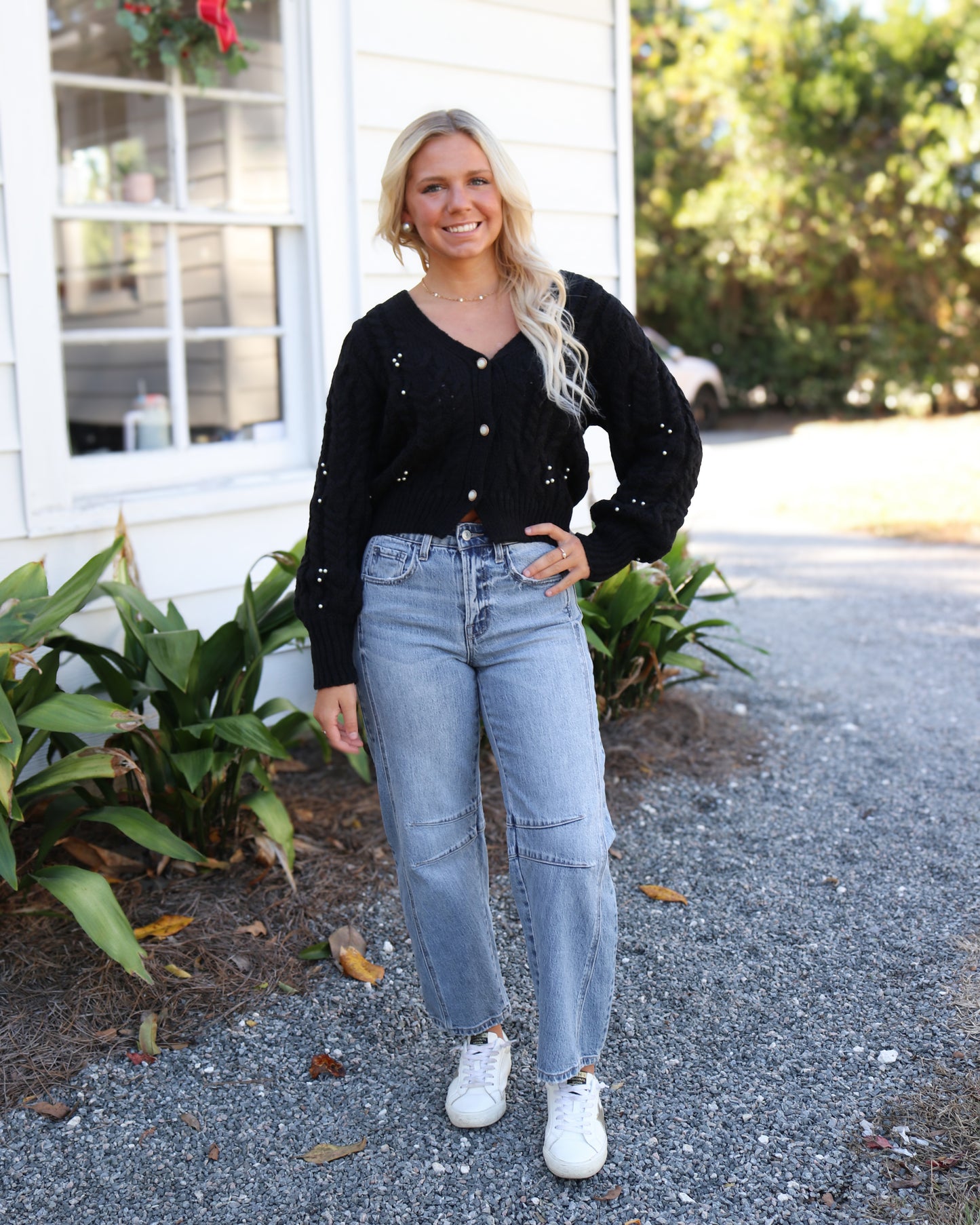 Bejeweled Pearl Cardigan in Black
