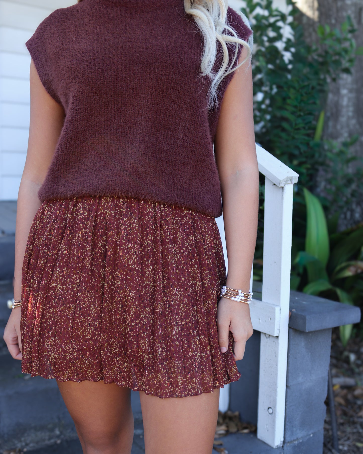 Dark Red Pleated Swing Skirt