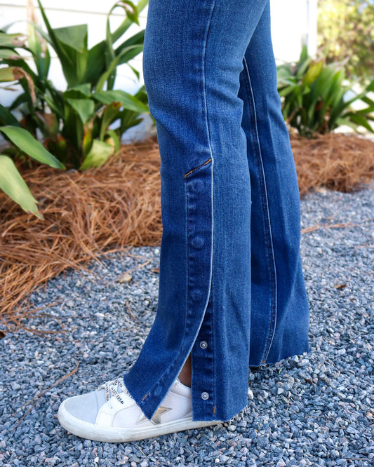 Lunna High Rise Bootcut Denim Jeans Featuring Button Seam