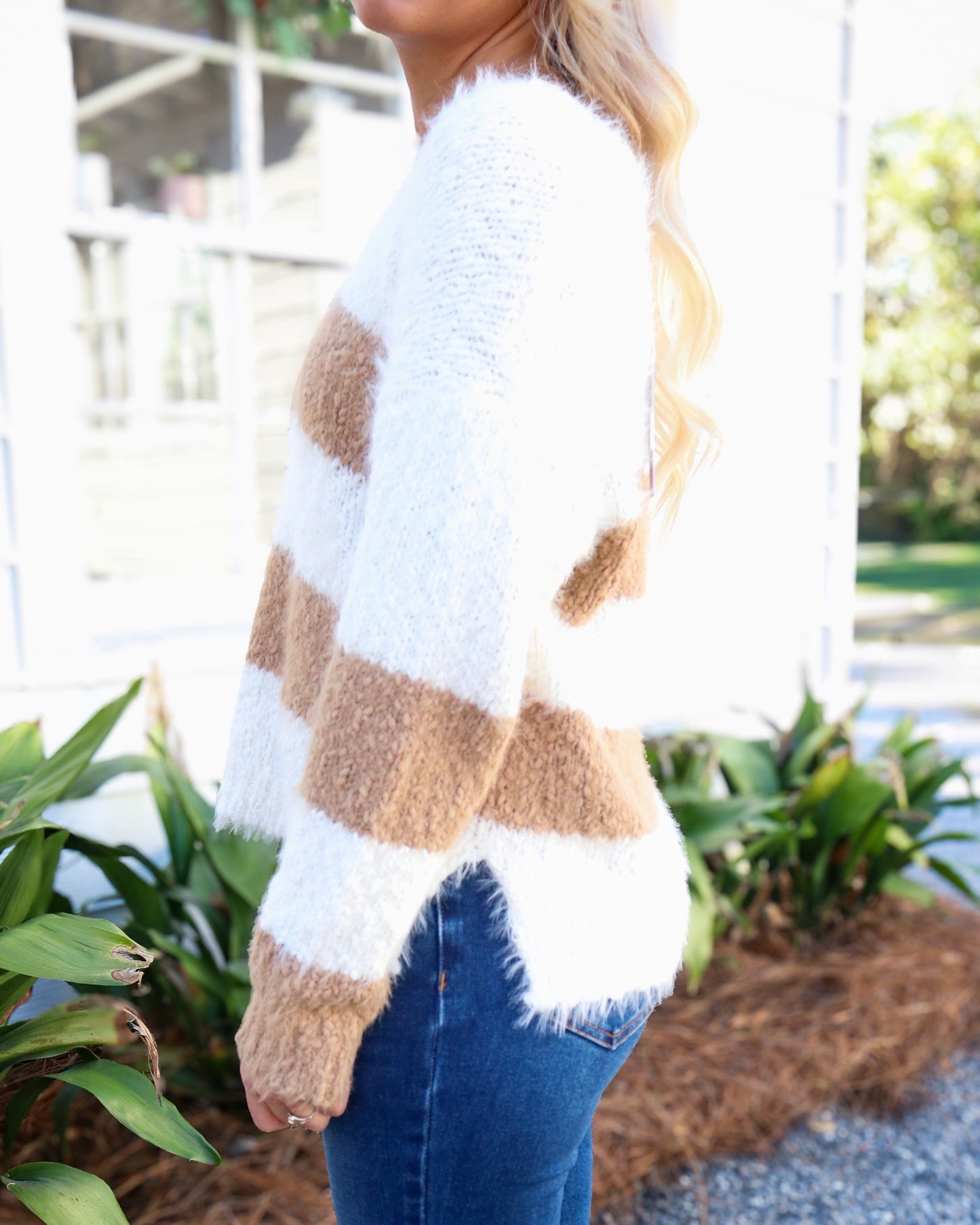 Emberly Fuzzy V Neck Stripe Sweater