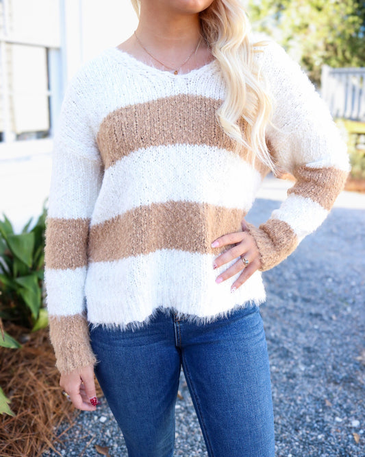 Emberly Fuzzy V Neck Stripe Sweater
