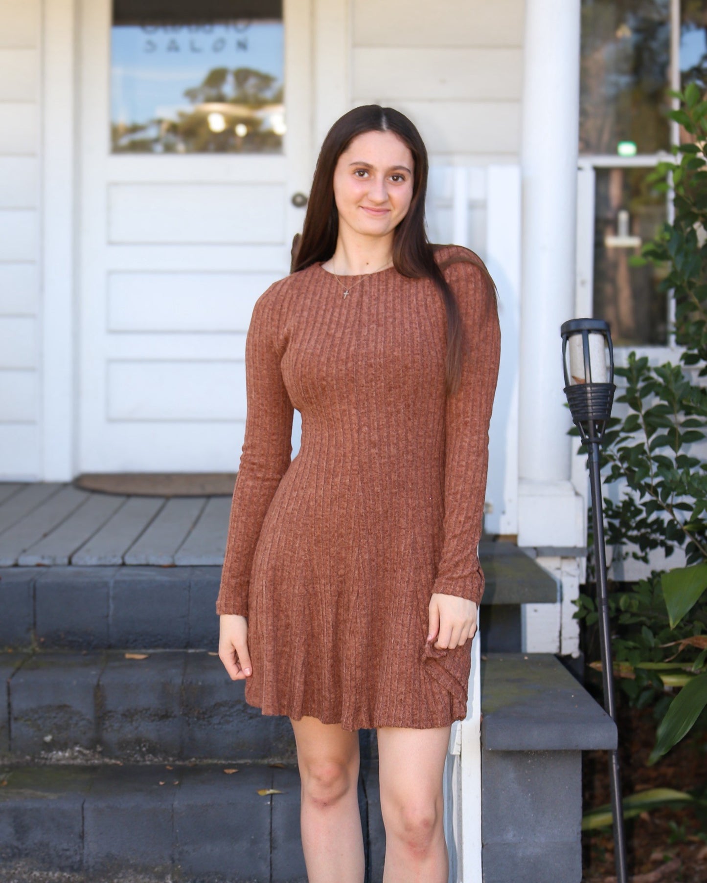Brown Brushed Ribbed Knit Mini Dress