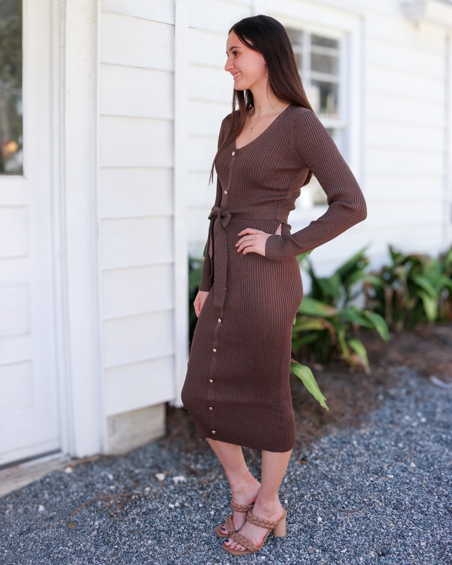 Brown Ribbed Sweater Knit Midi Dress