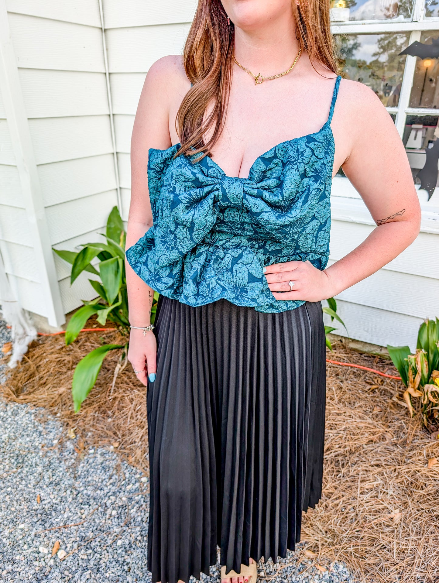 *FINAL SALE*  Emerald Jacquard Bow Top