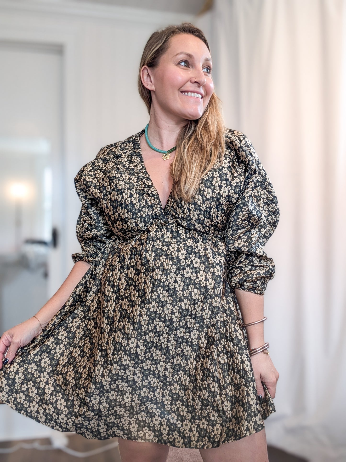 *FINAL SALE* Gold Daisy Jacquard Puff Sleeve Dress