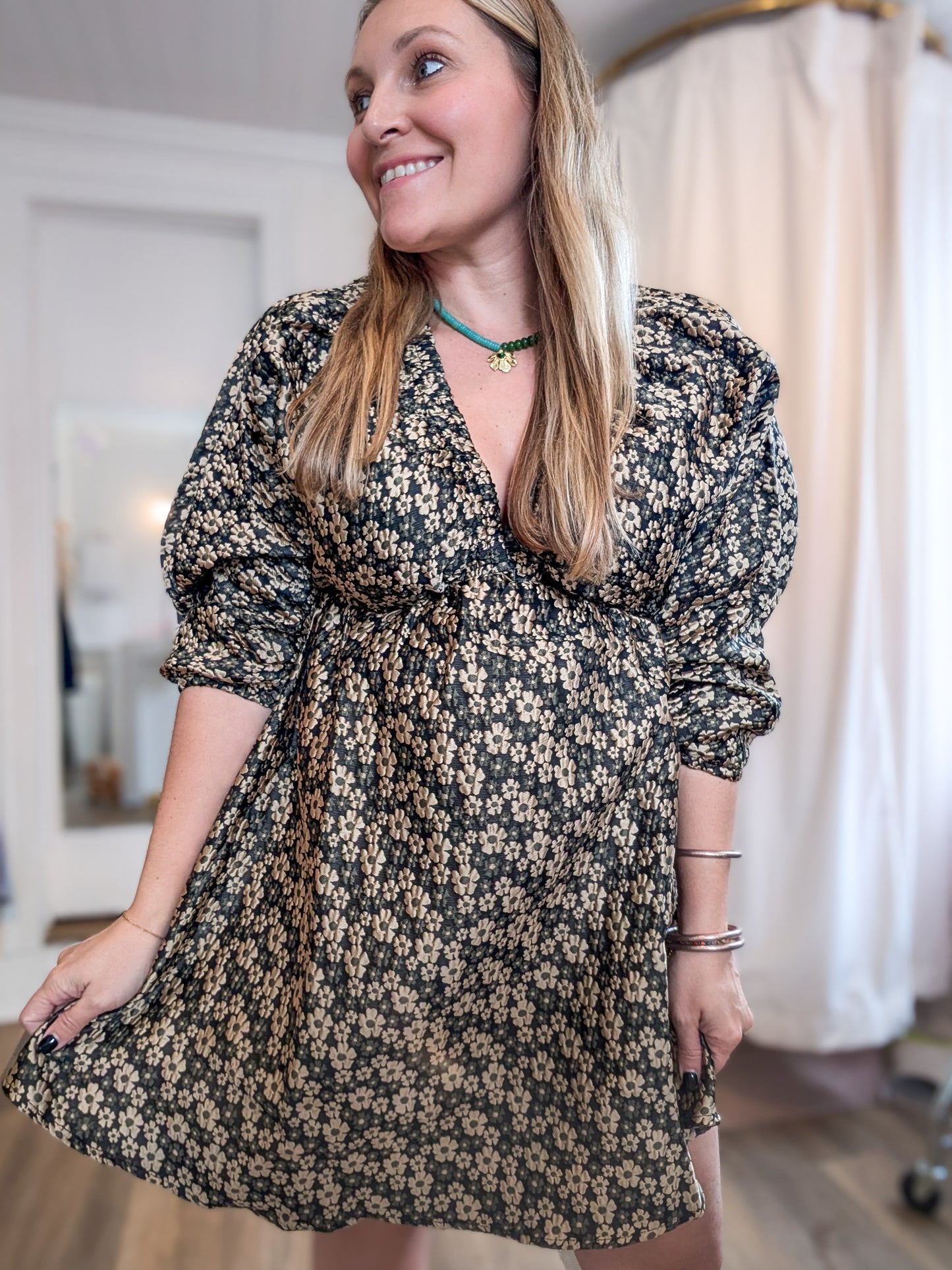 *FINAL SALE* Gold Daisy Jacquard Puff Sleeve Dress