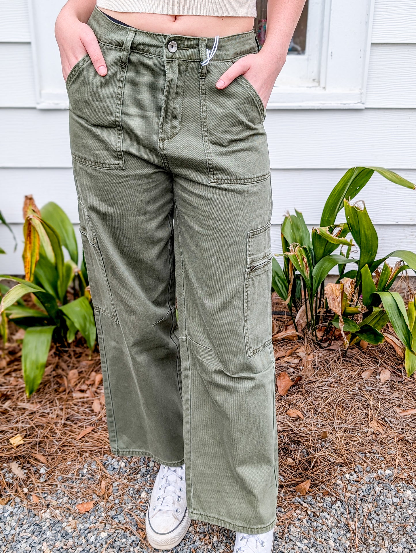 Green High Rise Multi Bag Straight Pants