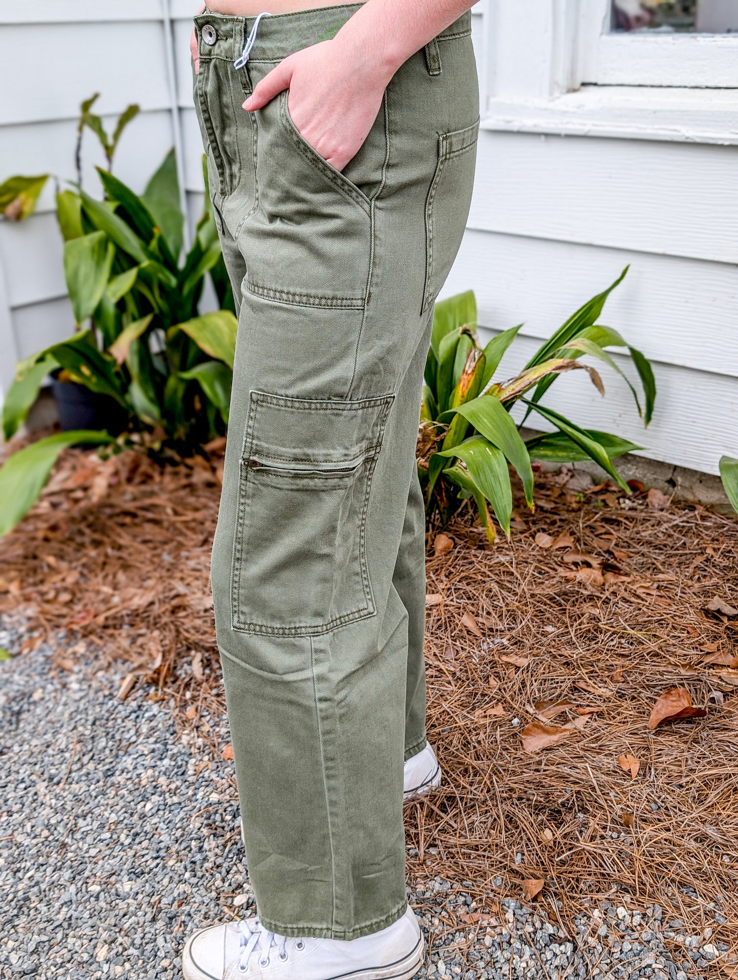 Green High Rise Multi Bag Straight Pants