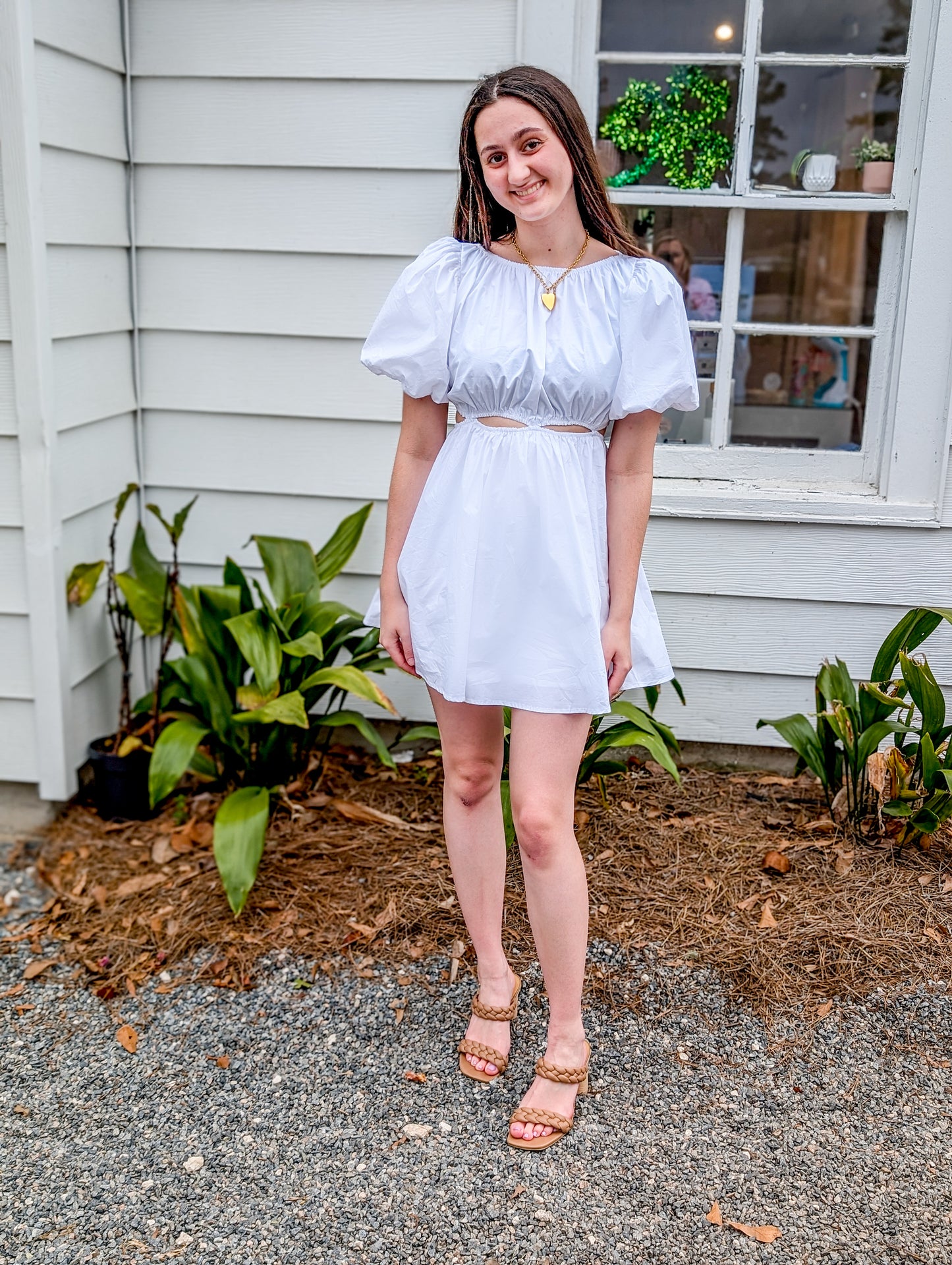 White Bubble Sleeve Midi Dress With Cut-Outs