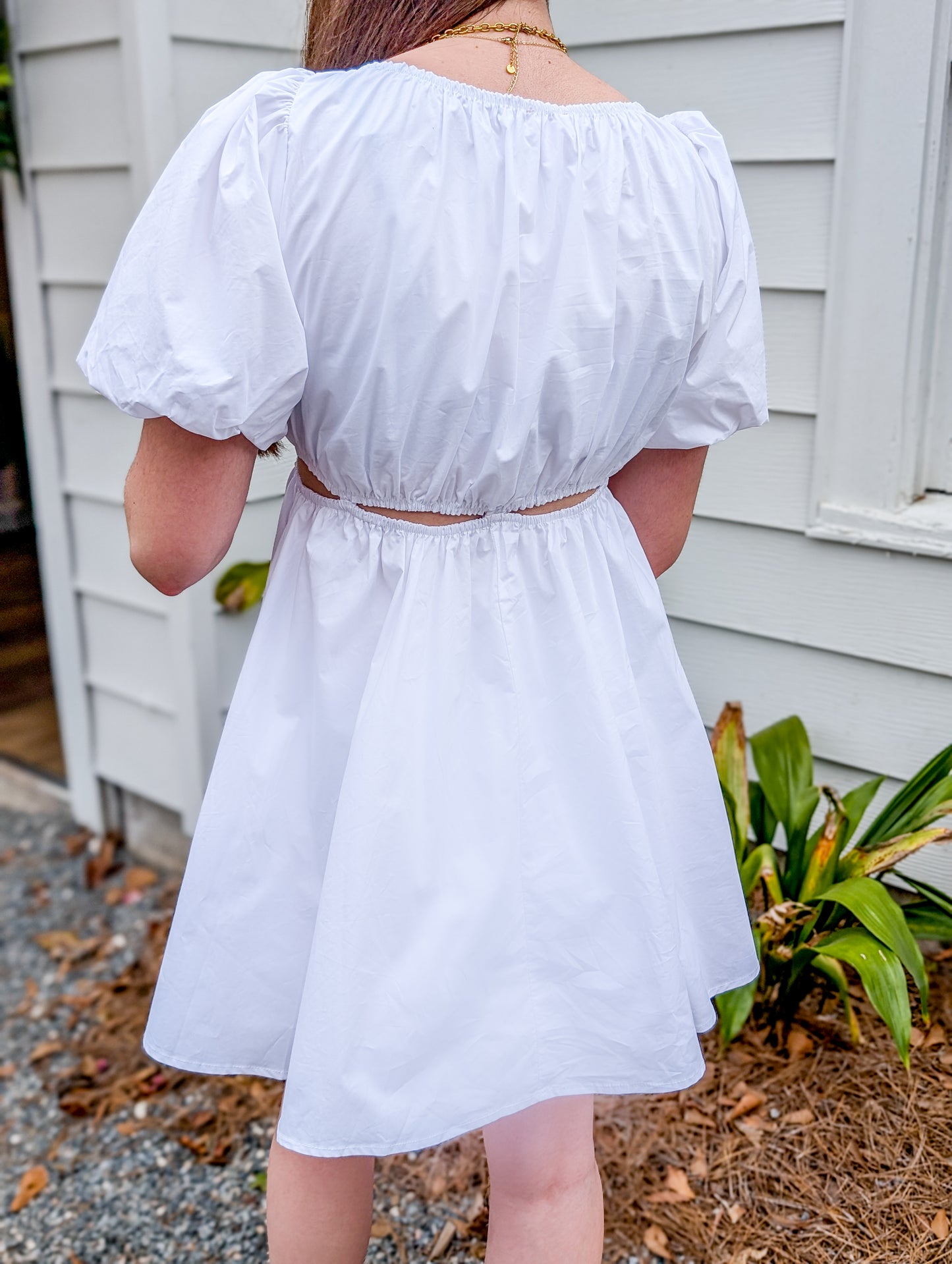 White Bubble Sleeve Midi Dress With Cut-Outs