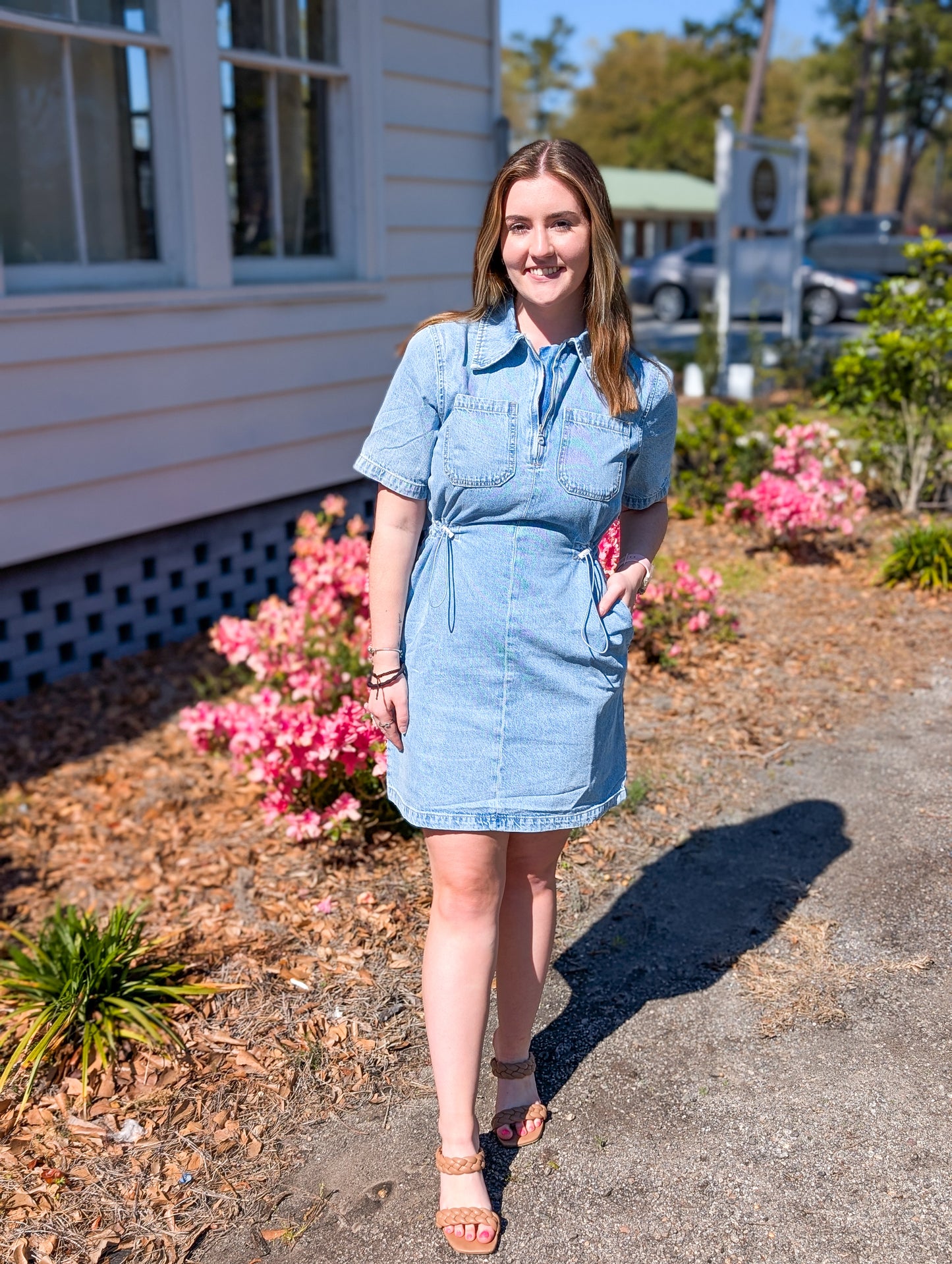 Light Denim Wash Cinch Waist Dress with Zipper Detailing
