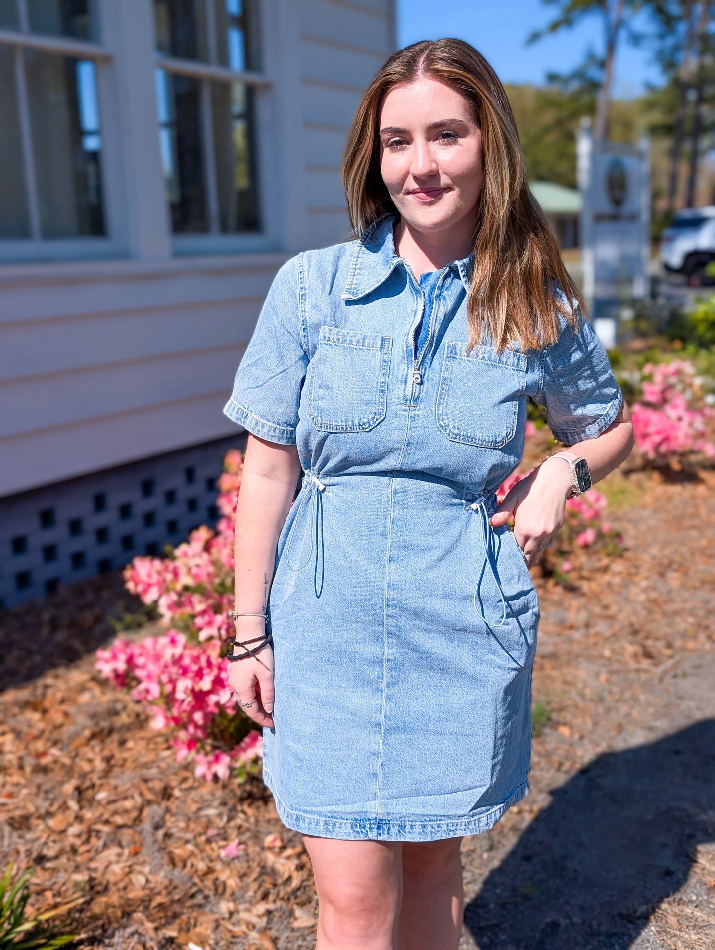 Light Denim Wash Cinch Waist Dress with Zipper Detailing