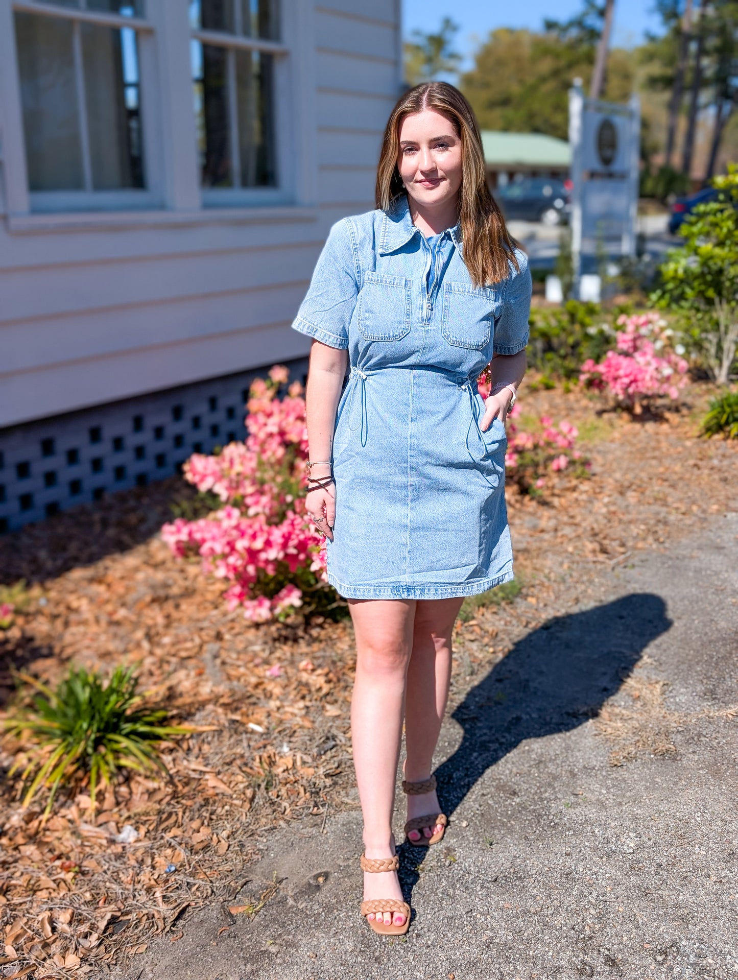 Light Denim Wash Cinch Waist Dress with Zipper Detailing