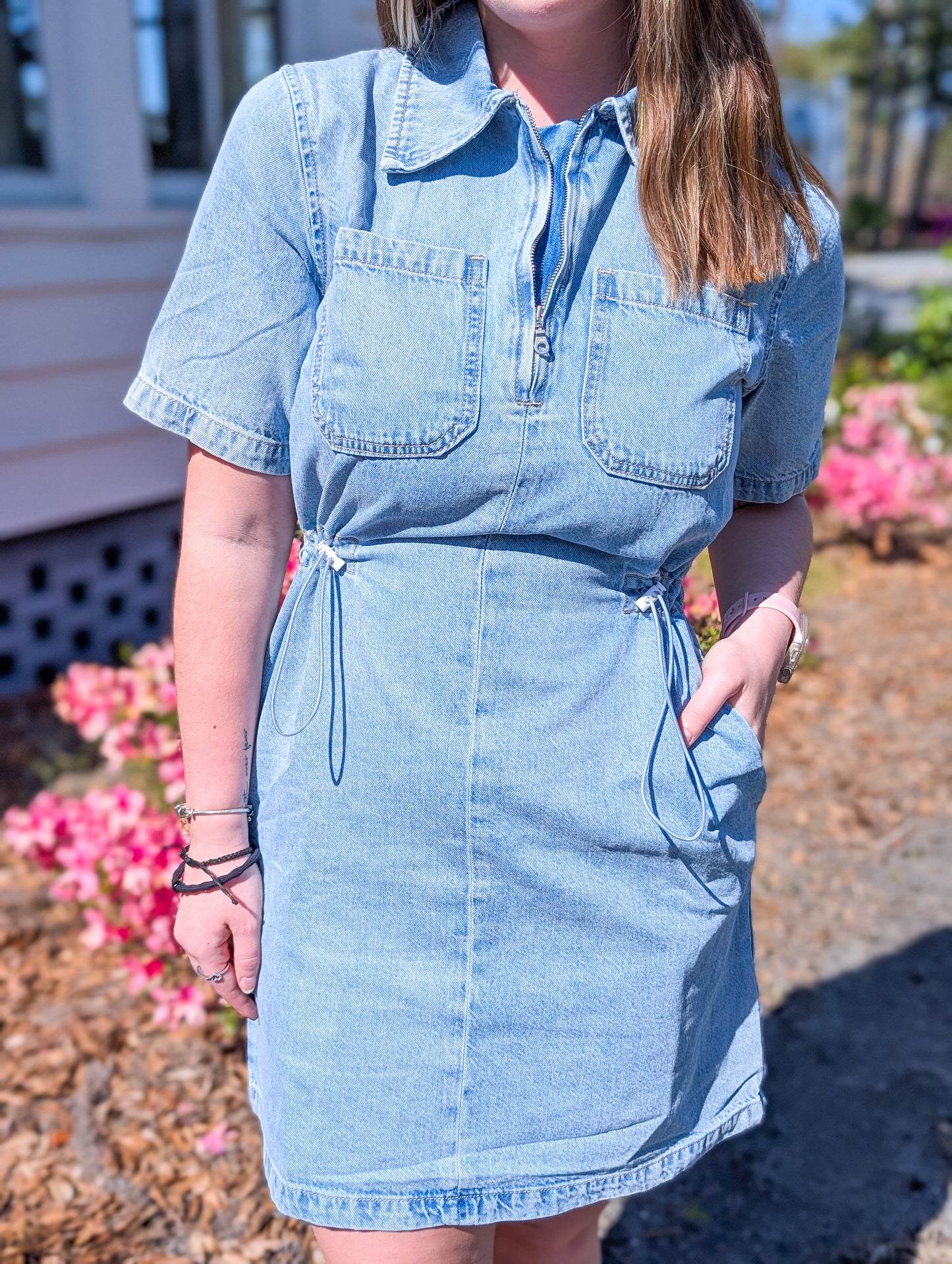 Light Denim Wash Cinch Waist Dress with Zipper Detailing