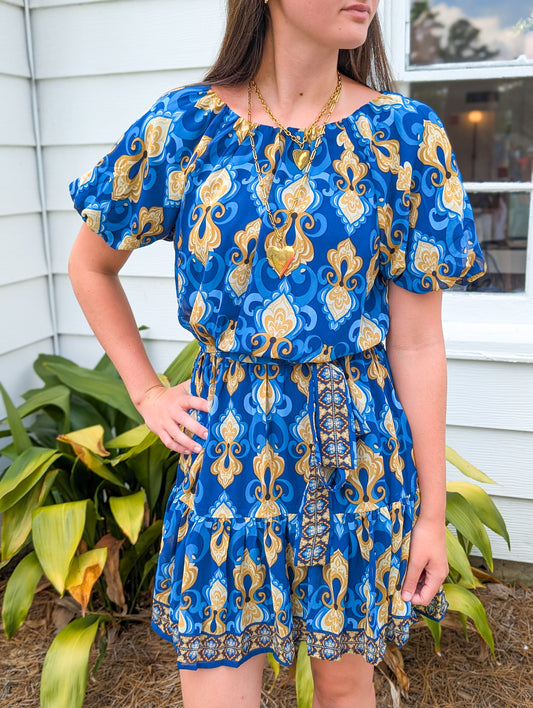 *FINAL SALE* Blue and Gold Abstract Patterned Woven Dress