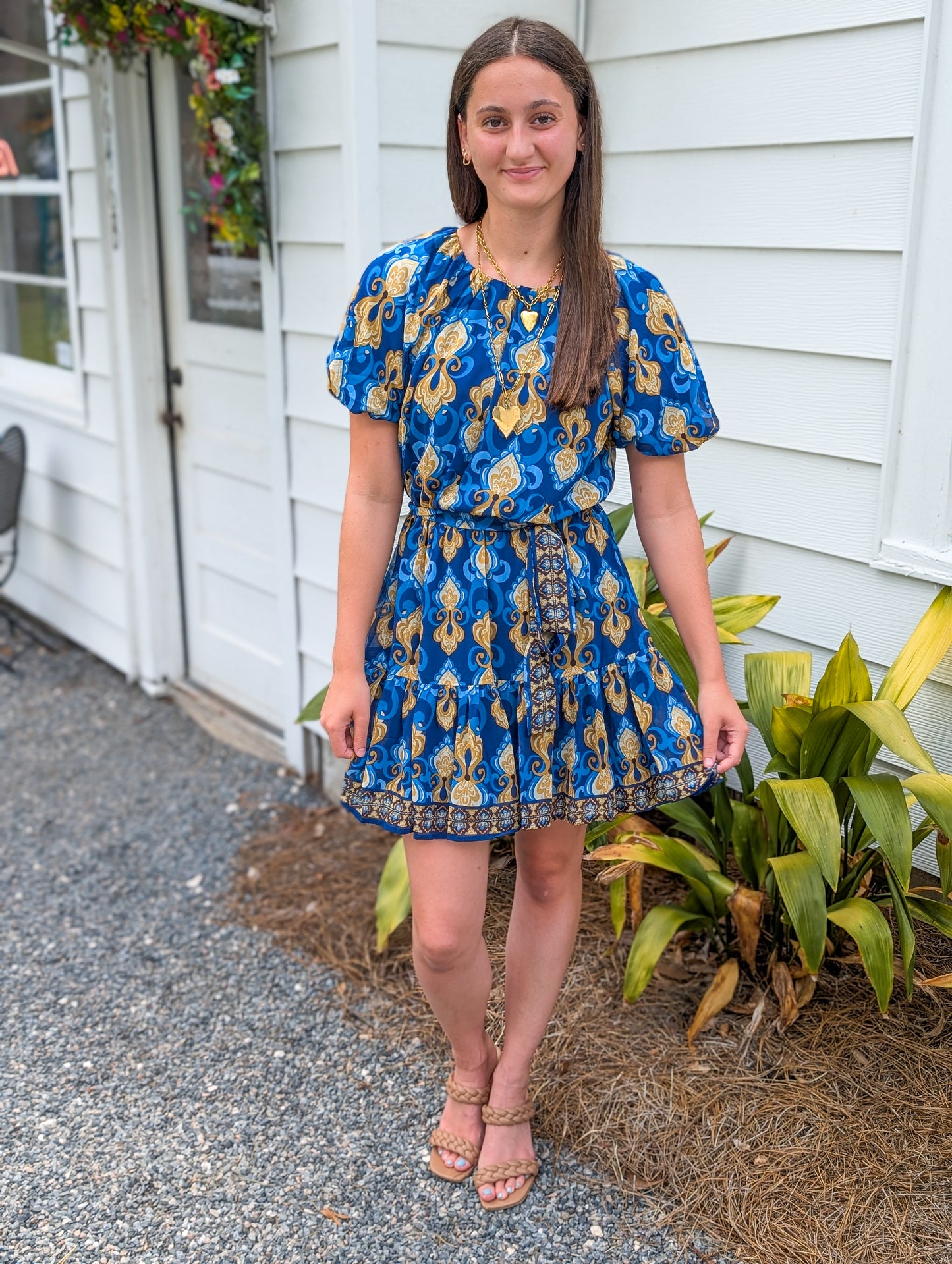 *FINAL SALE* Blue and Gold Abstract Patterned Woven Dress
