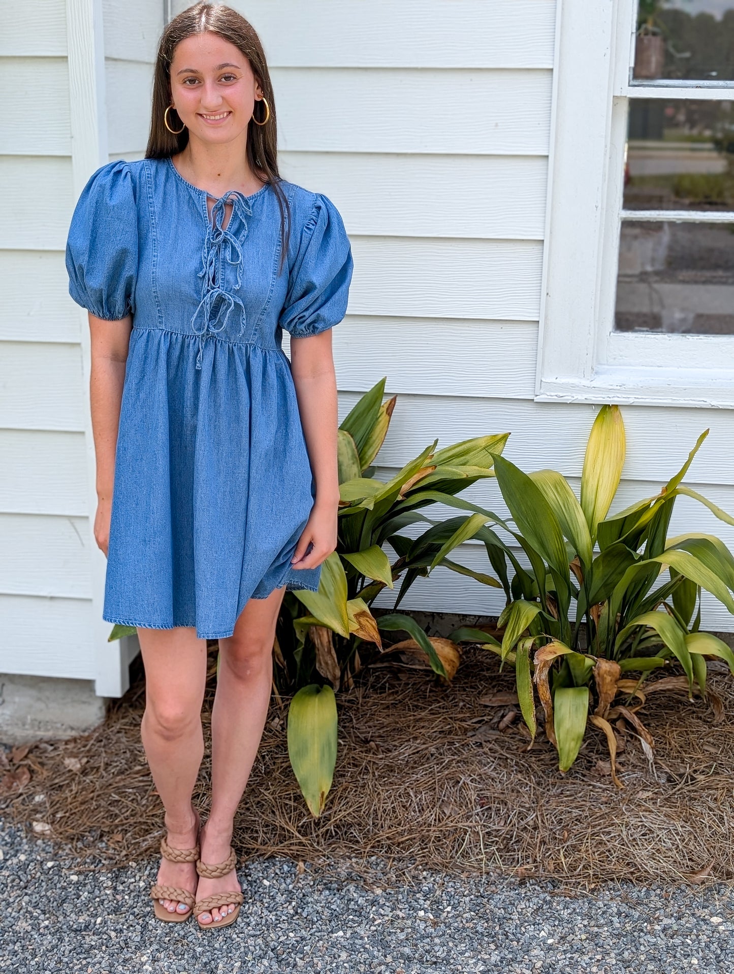 Washed Denim Bow Tie Dress