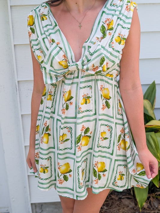*FINAL SALE* Lemon Delight Print Bow Short Sleeveless Dress