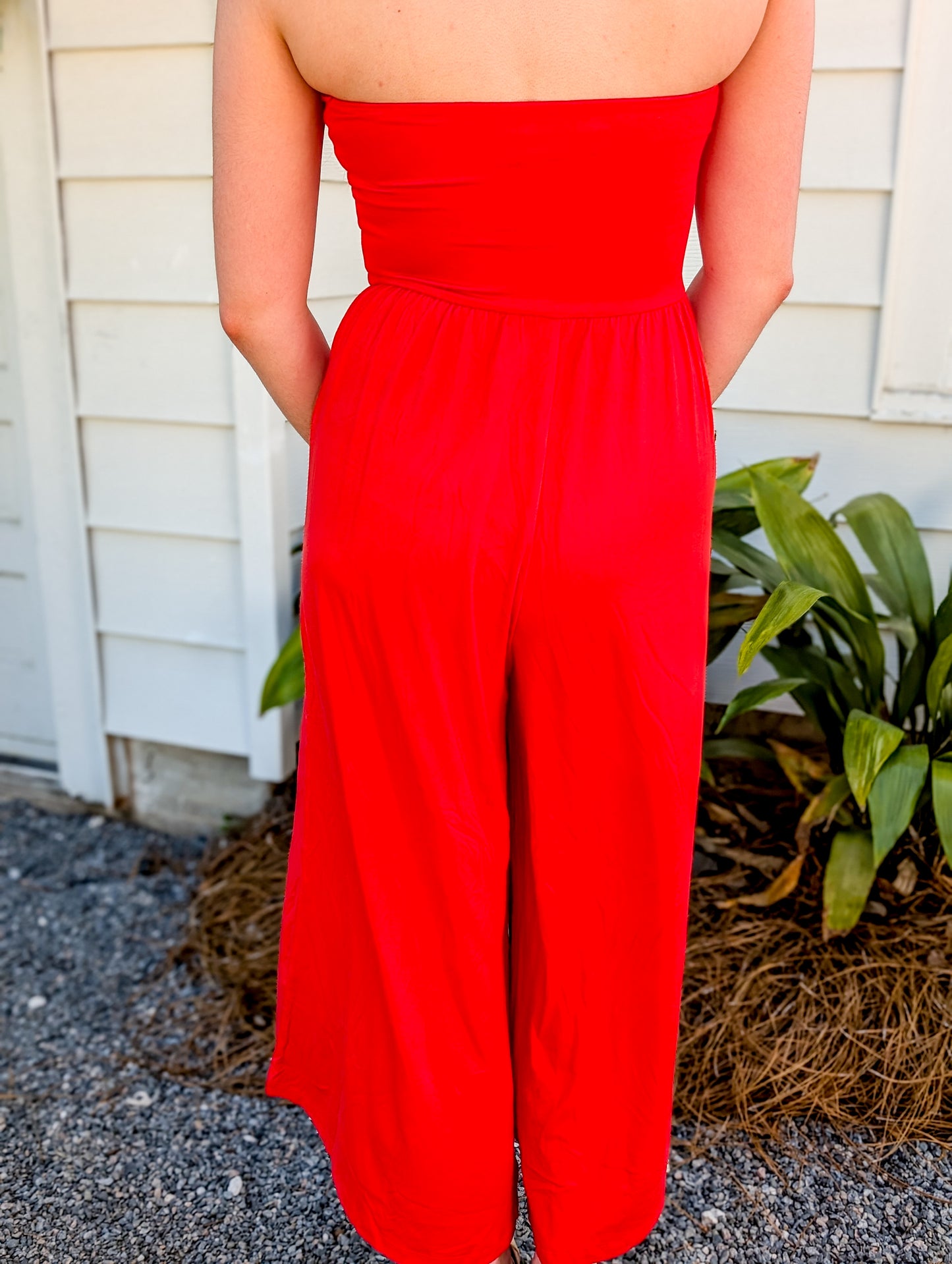 Knit Polyester Spandex Tube Strapless Flare Jumpsuit