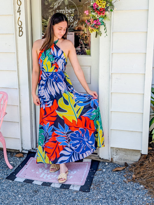 Midnight Tropical Halter Maxi Dress
