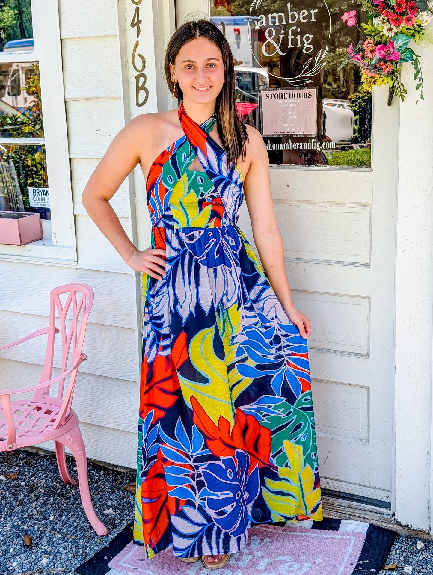 Midnight Tropical Halter Maxi Dress