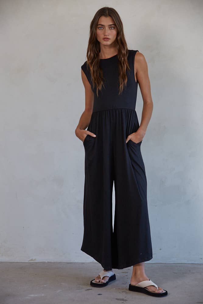 Knit Polyester Spandex Open Back Wide Leg Jumpsuit