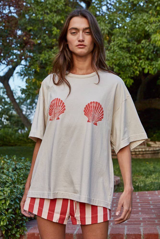 Knit Cotton Graphic Shell Print Crew Oversized Top
