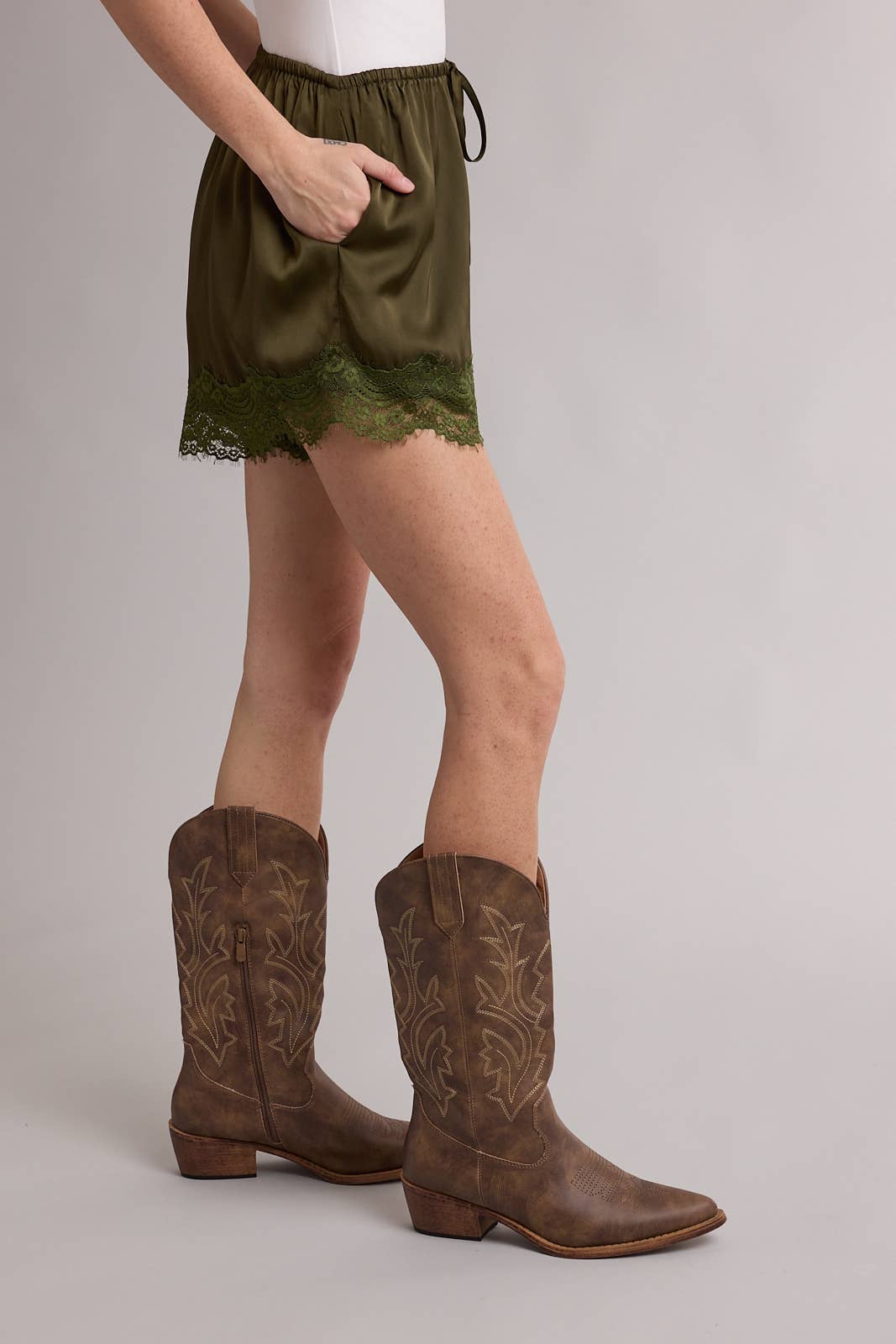 Scallop Lace Trim Satin Shorts